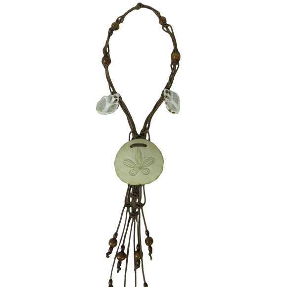 Vintage 70s Macramé Sand Dollar Shell Bead Necklace Hanging Wall Art - Picture 5 of 10